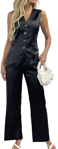 2-teiliges Satin-Outfit für Damen, Weste, Anzug-Set, seidig, weites Bein, Hose, Business, Freizeit, Hochzeit, Arbeitsset