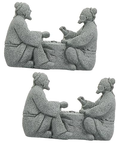 SEWOART 2 Stück Chinesische Zen Figuren aus Sandstein Dekorative Gartenstatuen mit Elegant Geschnitztem Schachspiel für Wohnraum und Gartendekoration
