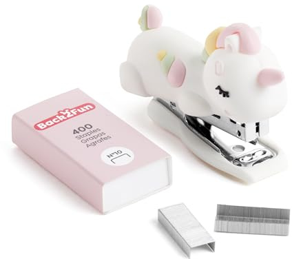 Back2Fun - Mini grapadora infantil de goma suave con 400 grapas Nº10, Diseño divertido y compacto, Regalo escolar original, Papelería bonita para niños, niñas y uso diario en el cole