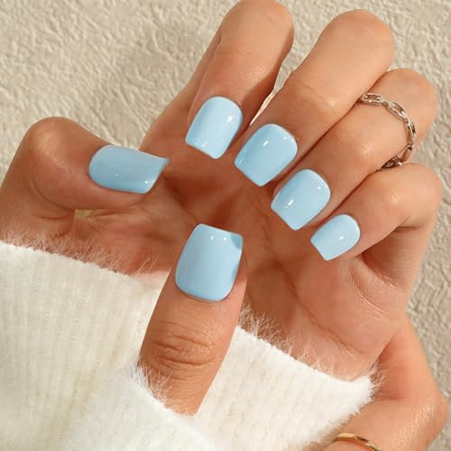 KQueenest Light Blue Press on Nails Short Square, Short False Nails with Glue, Glossy Solid Sky Blue Fake Nails Set, Natural Fit, Reusable Small Gel Stick on Nail for Women Decoration 24 Pcs
