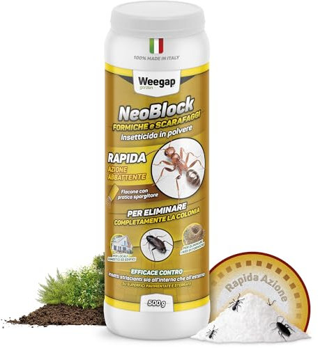 Insetticida Formiche Scarafaggi Blatte Elimina Nido, Formicaio e Insetti, Veleno in Polvere, Potente Esca Antiformiche per Interno Casa ed Esterno, Giardino, Prato, Orto con Spargitore - NeoBlock 500g