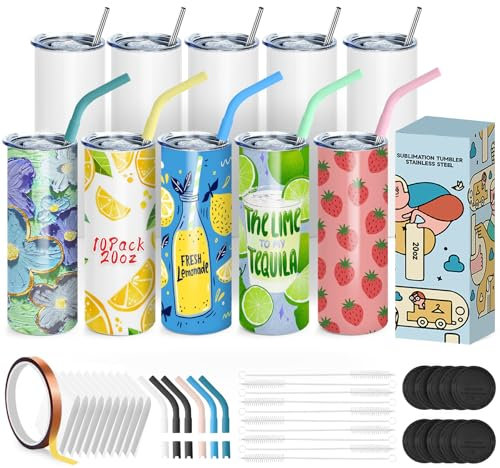 20oz Sublimation Tumbler, 10 Sublimation tumblers, 20oz Tumbler with Straw and lid, Blank White，Used for Creative Water Bottles，Suitable for Creating Perfect Patterns Through Independent Creativity
