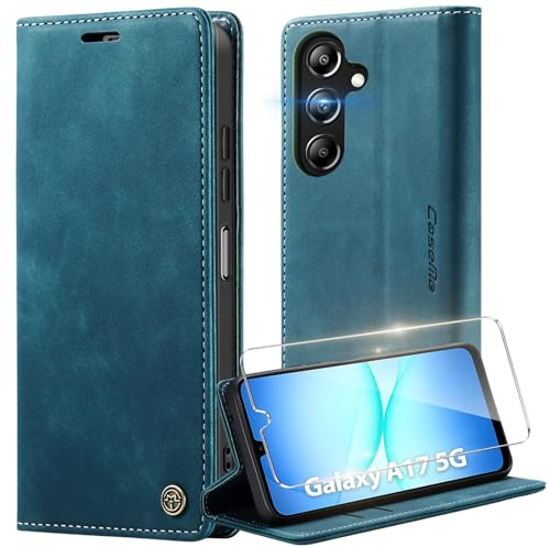 Deisyzy Lederhülle für Samsung Galaxy A17 5G Hülle Blau | mit Panzerglas [Kartenfach] [Ständer] PU Leder Schutzhülle Magnet Klappbar Klapphülle Flip Case für Samsung A17 5G/4G