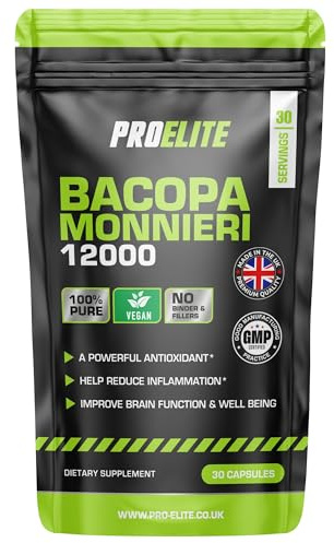 Bacopa Monnieri 12000mg 30 Capsules Vegan High Strength Bacopa Extract 20:1 | Resealable and Recyclable Pouch | 100% Natural Brahmi Powder Non-GMO | NO FILLERS | NO Binders by PROELITE