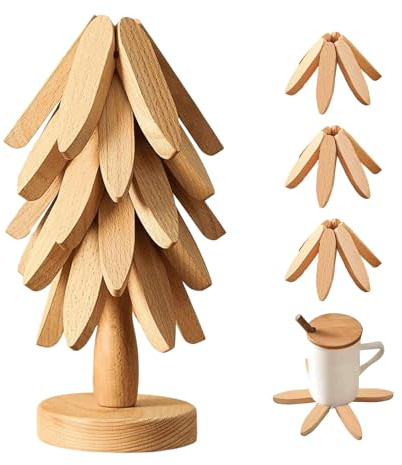 Juego de salvamanteles de madera para árbol – Salvamanteles antideslizantes | Salvamanteles de madera plegables para platos calientes | Posavasos de árboles de Navidad | Soporte apilable para platos
