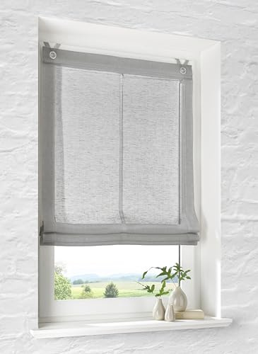 Raffrollo mit Ösen Brondy grau halbtransparent Leinenoptik Raffgardine mit Hakenaufhängung ohne Bohren Breite 45 cm x Höhe 140 cm