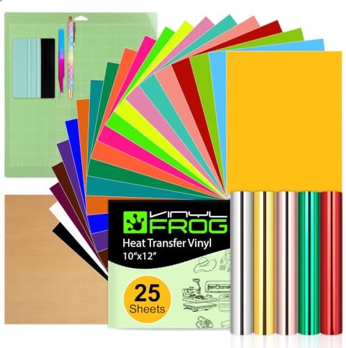 VINYL FROG 30PCS HTV Vinyl Heat Transfer Vinyl Bundle with Tools | 20 PU Iron on Vinyl + 5 Metallic HTV, HTV Starter Kit Scraper, Weeding Pen, Tweezers, Cutting Mat, Teflon for DIY T-Shirts