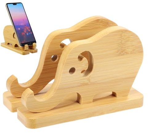 TEHAUX Ergonomic Elephant Bamboo Phone Stand Wood Holder with Creative Simple Design for Mobile Devices and Tablets, for Using Facetime and Home Decoration, Free Your Hands with This