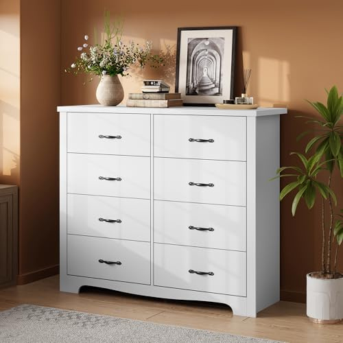 LINSY HOME Kommode Weiß, 8 Schubladen Schubladenschrank | 120 cm breit, Kippschutzmit Kippschutz, modernes Sideboard für Wohnzimmer Schlafzimmer Flur, wasserabweisende Oberfläche