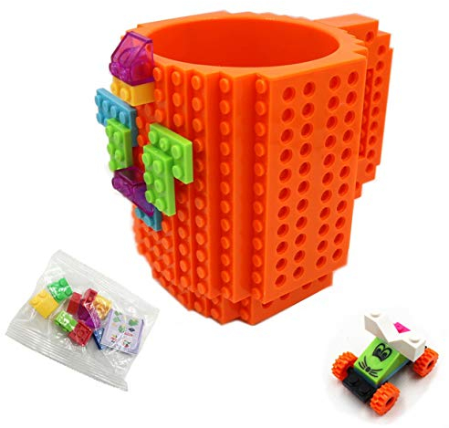 Lumsburry Build-on Bricks Tassen Becher, Kreative DIY Kaffeetasse Baustein Kaffee Tee Trinken Spaß Trinken Geschenk (Orange)
