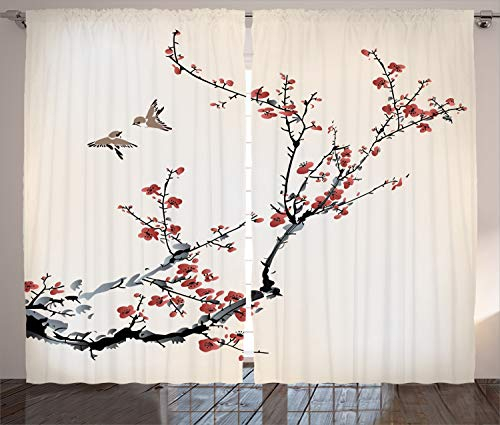 ABAKUHAUS Blumen Rustikaler Vorhang, Asiatische Art Art Vögel, Wohnzimmer Universalband Gardinen mit Schlaufen und Haken, 280 x 260 cm, Schwarzer Burgunder