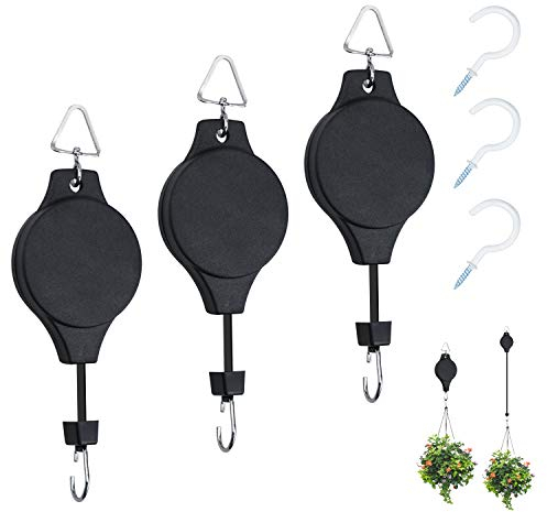 Yotako 3 Pcs Hanging Basket Pulley, Retractable Heavy Duty Plant Pulley Hook System with 3Pcs Ceiling Hooks and S-Hook, Plant Pulleys for Hanging Plants Basket Watering