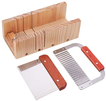 PH PandaHall 3PCS Kit de Coupe-savon Réglable, Boîte de Coupe de Savon Multifonctionnelle en Bois avec Coupe Droite en Acier Inoxydable et Coupe Ondulée pour Bougie de Savon Artisanale