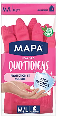 MAPA - Usages Quotidiens - Gants de Ménage en Latex intérieur Coton - Protection et Solidité - 1 paire - Taille M/L