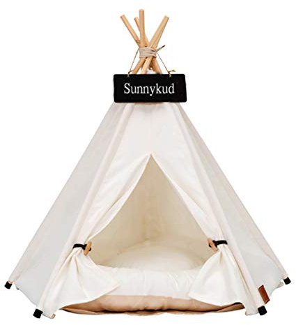 Sunnykud Tipi Zelt für Haustiere Hundezelt Katzenzelt Haustierzelte Häuser mit Kissen Abnehmbar und Waschbar Haustierbett Wegklappen Haustier Hundebett Katzenbett (L:60x60x70cm, weiß)