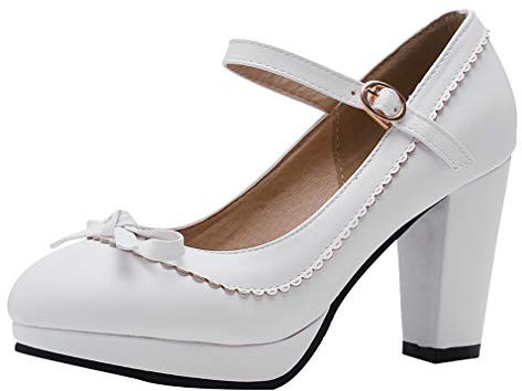 LOVOUO Mary Jane Chaussures Femme Escarpin Rockabilly Vintage Talon Carré Bloc Haut Plateforme Bride Cheville avec Noeud Boucle 8CM(Blanc,38)