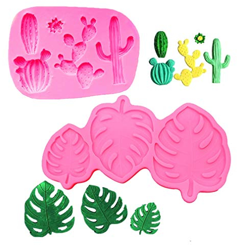 2 Stück tropische Blätter Farn Palmen Blätter Kaktus für Hawaii Aloha Mottoparty Geburtstag Babyparty DIY Kuchen Fondant Backen Keks 3D harte Süßigkeiten Desserts Dekor Silikonform Werkzeug