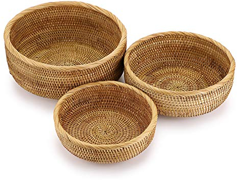 Sumnacon Set of 3 Round Rattan Woven Fruit Basket Bread Serving Baskets Snack Storage Bowls Table Desktop Countertop Decorative Display Storage Baskets