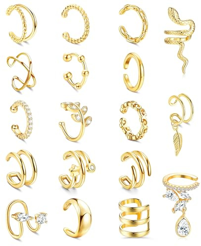 HAIAISO 18 Pcs Ear Cuffs Non Piercing for Women 14K Gold Plated