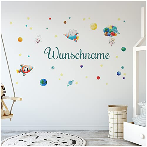 Wandsticker personalisiert Sticker Aquarell Tiere mit Name Wandtattoo für Kinderzimmer Babyzimmer Spielzimmer Mädchen Junge Y037 (Nr. 8 Weltraum Tiere, Mit Wunschname)