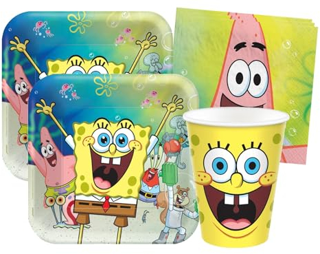 Isola Party Kit Fiesta Cumpleaños Bob Esponja Ecológico para 16 Personas (16 Platos ⌀ 23 cm, 16 Vasos 266 ml, 16 Servilletas 33x33 cm de Papel)
