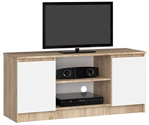 AKORD Fernsehkommode K-120 | EIN offenes Regalfach | 2 Ablagen mit Türen Links und rechts | H55 x B120 x T40 cm | Gewicht 30 kg | Gewicht 30 kg | Farbe Sonoma Eiche/Weiß