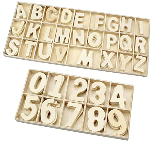 quiodok Buchstaben und Zahlen aus Holz mit Aufbewahrungstablett, 60 Zahlen und 130 Großbuchstaben, für Kinder