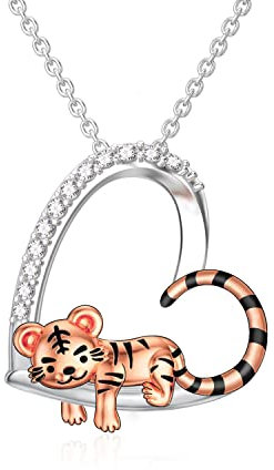 PROESS 925 Sterling Silber Tiger Halskette Herz Tier Anhänger Halskette Tiger Schmuck Geschenke für Frauen Mädchen