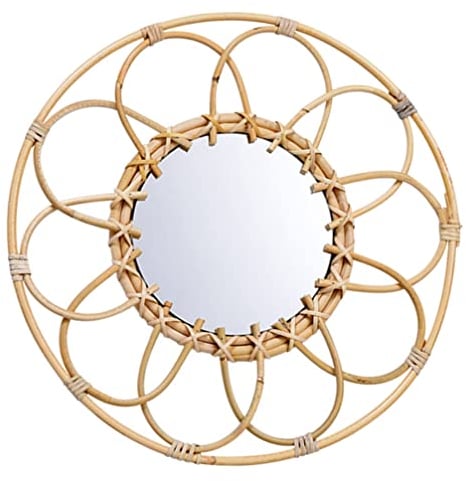 Vaguelly Wandspiegel Sonnenblumen, Rustikale Bohemian Rattan Spiegel mit Bastrahmen, rund Flurspiegel zum Aufhängen Dekorieren, Hängespiegel für Schlafzimmer, Wohnzimmer