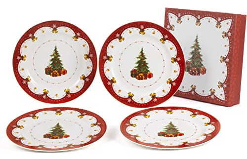 Lot de 4 assiettes plates de Noël diamètre 27 cm en porcelaine Nàvel avec boîte cadeau
