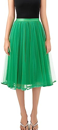 Mliyasan Damen Tüll Satin Plissee Midi Rock Elastische Taille Knielang Tutu Party Rock, Grün 130, Groß