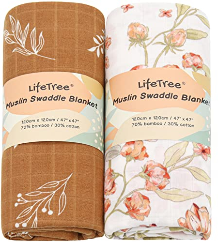 LifeTree Baby Pucktuch 120x120, Musselin Tuch Baby Sommer Baby Decke, Große Baumwolle und Bambus Musselintuch Spucktücher Babydecken für Junge und Mädchen, Blumen/Blätter