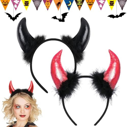 Tuofang 2 Pièces Bandeau d'Oreilles de Diable, Halloween Diable Cornes, pour Fête Halloween Carnaval Ornement Accessoire Enfant Adult Fille Cosplay (A)