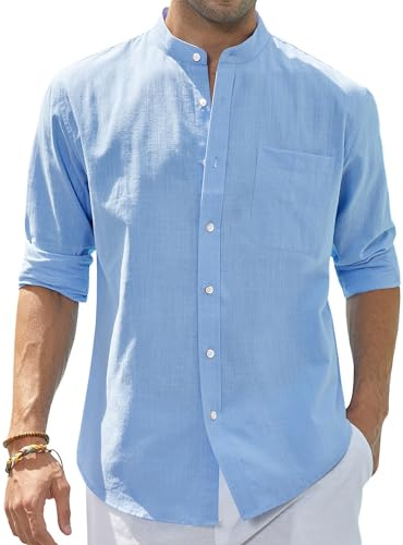 J.VER Men's Cotton Linen Long Sleeve Shirts Lightweight Casual Banded Collar Shirt Beach Summer T Shirts with Pocket Light Blue Large
