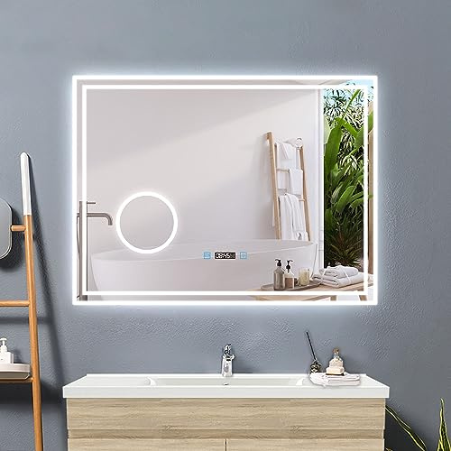 Acezanble LED Spiegel mit Beleuchtung 120x70cm Badspiegel mit Uhr Touch Beschlagfrei 3-Fach Schminkspiegel Lichtspiegel 3 Lichtfarbe Dimmbar mit Memory Raumschalter anschließbar Wandspiegel