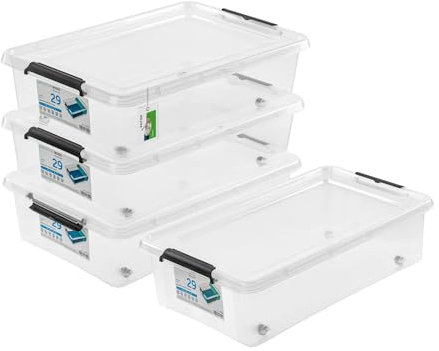 PAFEN 4x Aufbewahrungsbox auf Rollen 29,0L – 58 x 39 x 16 cm - SET Aufbewahrungsbehälter Transparent Boxen Aufbewahrung Stapelboxen mit Verschlussclips Kunststoffbehälter