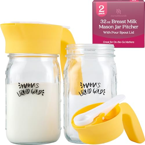 Nurse & Nourish Lot de 2 pichets à lait maternel avec poignée à bec verseur – Pichet en verre pour lait maternel – Pichet en verre pour lait maternel – Pichet de stockage du lait maternel en verre