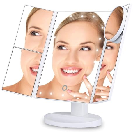 Miroir de maquillage avec éclairage : miroir cosmétique pliable avec grossissement 1X/2X/3X et 10x, miroir de maquillage LED rechargeable avec support cosmétique, alimenté par USB ou par piles