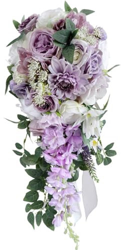 Fouriding Wedding Purple Bouquet for Bride,Water Drop Waterfall Bridal Bouquet Artificial Flowers Lilacs Holding Flowers for Ceremony Anniversary Party Bridal Shower Wedding Decoration