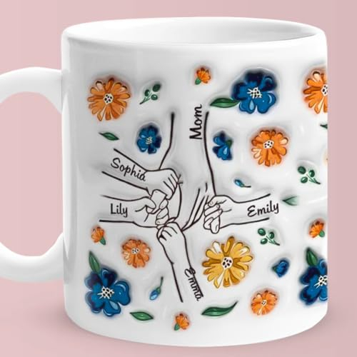 Tasse à café personnalisée avec fleurs 2D pour maman, vous tenez nos mains et nos cœurs, cadeaux de fête des mères pour maman grand-mère, tasse en céramique pour maman, cadeaux d'anniversaire de maman