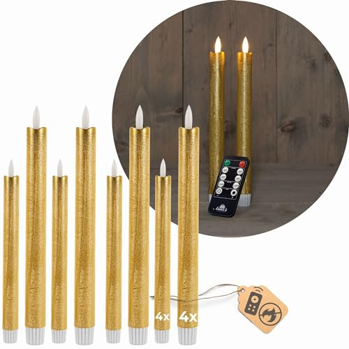 Sparset Stabkerzen LED mit Timer Klein+Groß GOLD 8 Stück GOLD indoor - 6 Stunden - ECHTWACHS 18cm+23cm Höhe für Kerzen 2,2cm Durchmesser 2 AAA Batterien notwendig LED Stabkerzen flackernde Flamme