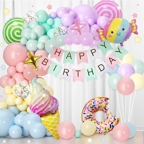 Süßigkeiten Party Deko Mädchen - 130 Stück Geburtstagsdeko, Süßigkeiten Donuts Lutschern Eiscreme Folienballons, Geburtstags Banner, Latexballons für Kinder Frauen Candy Theme Geburtstags Party