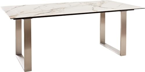 Esszimmertisch Edge Keramik Calacatta Luxe Weiß-Gold-Grau 200x100 Edelstahl | Schmal