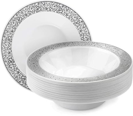 MATANA 100 Premium White Plastic Bowls with Silver Lace Rim, 360ml - Elegant, Sturdy & Reusable - Soup Dessert Bowls for Weddings, Birthdays, BBQ, Parties