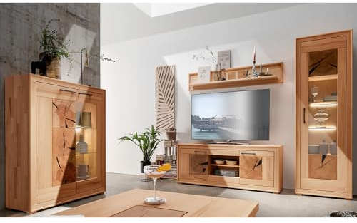 Lomadox Wohnmöbel Set Wohnwand Kernbuche massiv geölt montiert 4-teilig Modern, Highboard, Wandboard, Lowboard, Vitrine