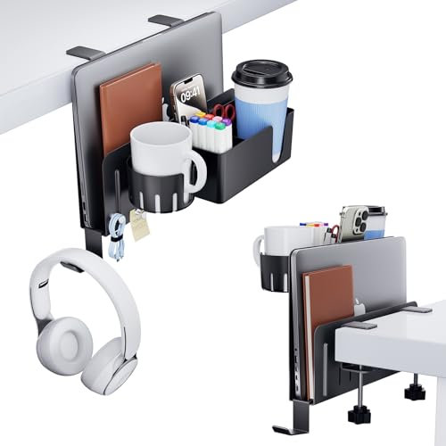 KDD 7 in 1 Desk Side Organizer Set, Under Desk Laptop Holder Storage, No Drill Laptop Mount with 2 Cup Holder, Pen Holder, Headphone Hanger and 2 Pin Magnet, Detachable Hanging Stand for Office & Home