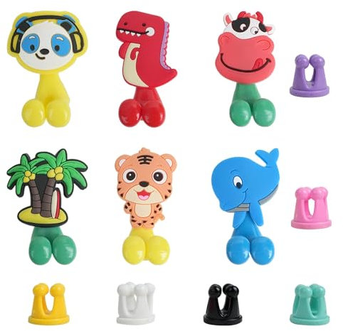 Lot de 12 Porte-Brosses à Dents - 6 Modèles en Forme d'Animal avec Ventouse et 6 Autocollants en Silicone pour Montage Mural, Crochets Mignons pour la Salle de Bain