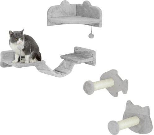 PawHut Cat Wall Shelves, 4 Piece Wall-Mounted Cat Tree with Steps, Ladder, Jumping Platforms, Scratching Posts, Toy Ball, Cat Wall Furniture for Indoor Cats, Light Grey