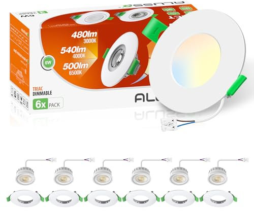 ALUSSO LED Einbaustrahler 230V 68mm, 6W Einbaustrahler Flach 3CCT Warmweiß 3000K Naturweiß 4000K Kaltweiß 6500K, IP44 Einbaustrahler LED Dimmbar für Küche Badezimmer Wohnzimmer 6er-Pack