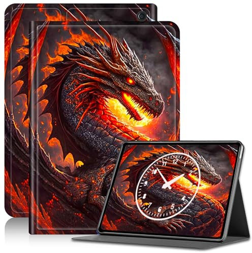 Schutzhülle für Amazon Fire HD 10 Tablet (9. / 7. / 5. Generation, Version 2019 / 2017 / 2015), 10,1 Zoll, PU-Leder, verstellbarer Ständer mit automatischer Wake/Sleep-Funktion, Feuriger Drache